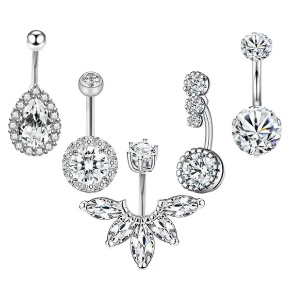 Wholesale Fashion Water Droplets Stainless Steel Inlay Zircon Belly Ring 5 Pieces