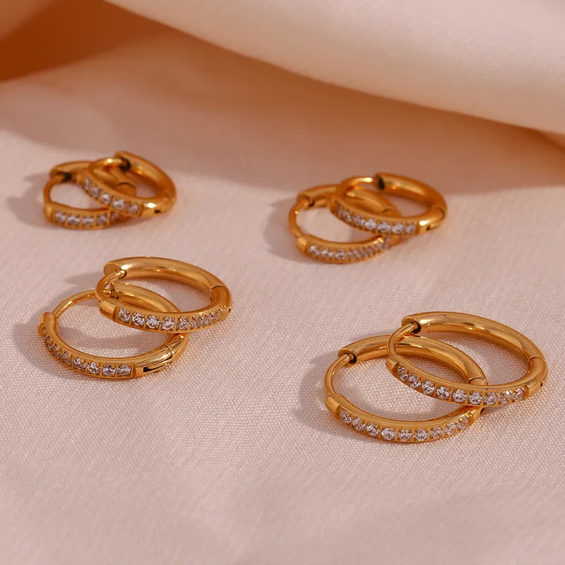 Wholesale 304 Stainless Steel Round PVD Coated Zircon 18K Gold Plated Real Gold Plated 18K Gold Fashion Waterproof Non Tarnish Plating Earrings