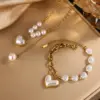 304 Stainless Steel Plastic Heart Shape Ion Plating (IP) 18K Gold Plated Elegant Waterproof Non Tarnish Beaded Pearl Regular Chain Gold Bracelets Necklace Jewelry Set