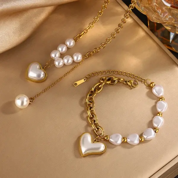 304 Stainless Steel Plastic Heart Shape Ion Plating (IP) 18K Gold Plated Elegant Waterproof Non Tarnish Beaded Pearl Regular Chain Gold Bracelets Necklace Jewelry Set
