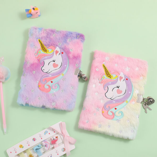 oly-0585e92535796cc655979d891a6fe287 Wholesale Silver-stamped unicorn plush tie-dye notebook with lock