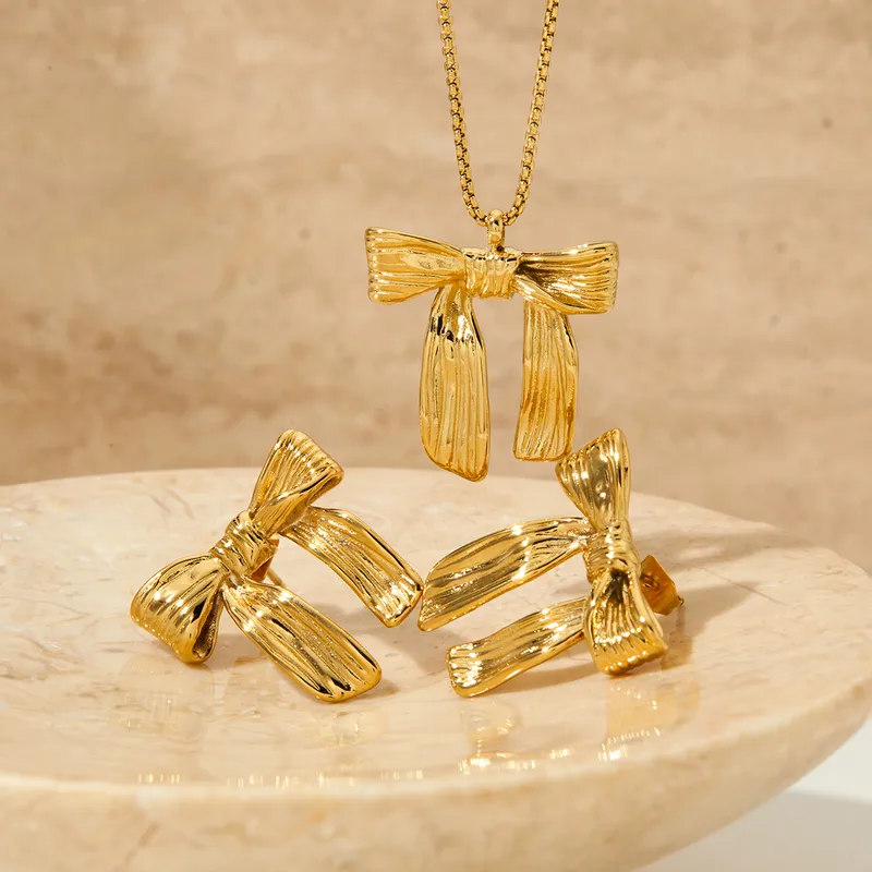 Wholesale Real Gold Plated 316 Stainless Steel PVD Coated No Inlaid Bow Knot Waterproof Non Tarnish Simple Style Classic Style Earrings Necklace For W