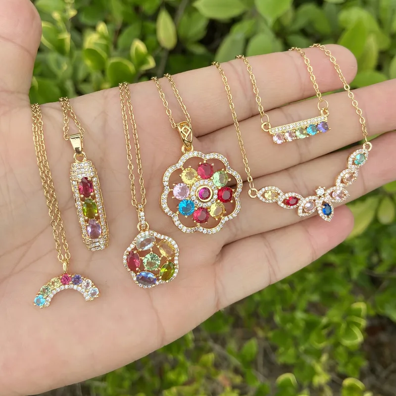 Wholesale Stainless Steel Rainbow Flower PVD Coated Zircon 18K Gold Real Gold Plated Cute Waterproof Non Tarnish Cable Chain Colorful Necklace