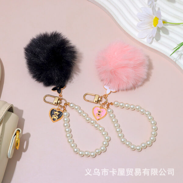 Wholesale Cute fur ball pearl bear tag bag pendant plush key chain phone earphone set car fur pendant