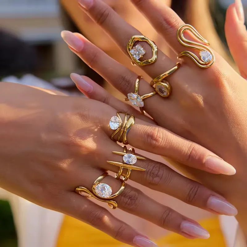 Wholesale 304 Stainless Steel Geometric PVD Coated Zircon Real Gold Plated Elegant Classical Romantic Waterproof Non Tarnish Inlay Rings