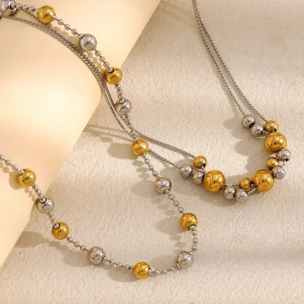 Wholesale 304 Stainless Steel Ball PVD Coated Stone-Free Real Gold Plated Vintage Style Classic Style Waterproof Non Tarnish Mixed Metal Plating Ball Chain Lobster Trigger Clasp Closure Double Layer Necklaces Necklace