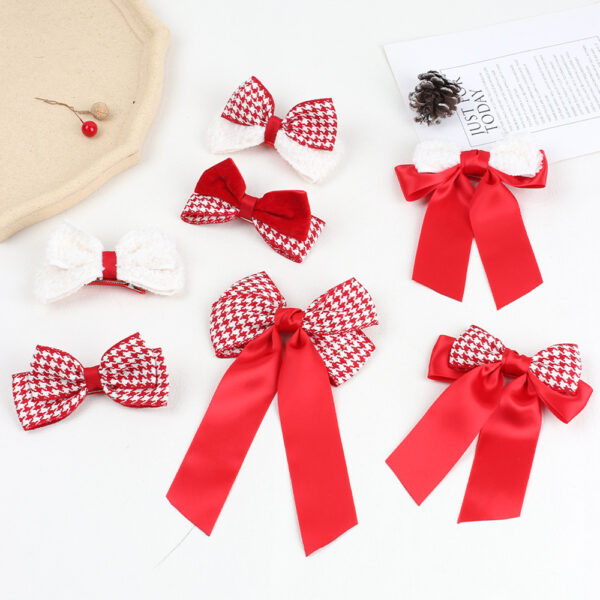 Wholesale New Year's Big Red Vintage Houndstooth Hairpin Bow Ribbon