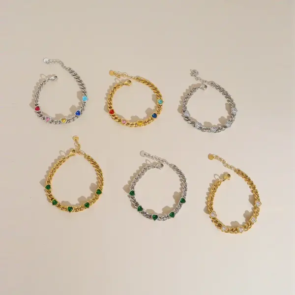 Wholesale Fashion Heart Shape 304 Stainless Steel 16K Gold Plated White Gold Plated Gold Plated Zircon Stainless Steel Bracelets In Bulk
