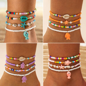 Wholesale Bohemian style colorful beaded starfish and seashell four-layer anklet