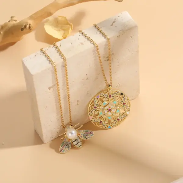 Wholesale 304 Stainless Steel Copper Insect Electroplating PVD Coated Artificial Pearls Zircon 14K Gold Plated Irregular Plating Inlay Wheat Chain Pendant Necklace