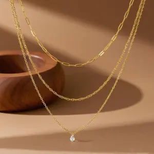 X0143-Three-layer Water Drop Diamond Necklace- Gold
