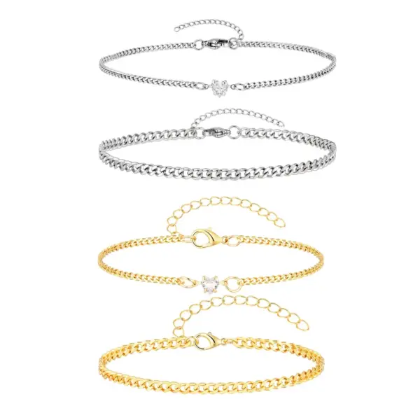 Wholesale Valentine's Day Jewelry 201 Stainless Steel Imitation Gold Plated Heart-Shaped Zircon Couple Bracelet Two-Piece Set Waterproof Non-Fading Cuban Chain