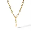 Wholesale PVD Coated Real Gold Plated 18K Gold Solid Color 201 Stainless Steel Freshwater Pearl Baroque Style Commute Waterproof Non Tarnish 201 Stainless Steel Sweater Chain Necklace