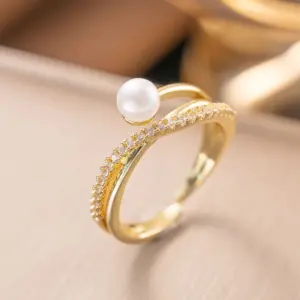 F1153 Copper Material-Cross Big Pearl Ring Gold