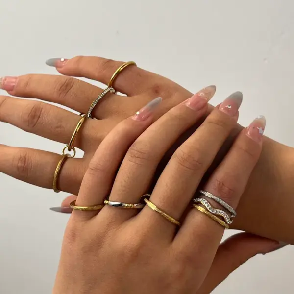 304 Stainless Steel Geometric Electroplating Stone-Free 18K Real Gold Plated Casual Elegant Classical Plating Inlay Gold Steel Color Rings Wave Rings Band Rings