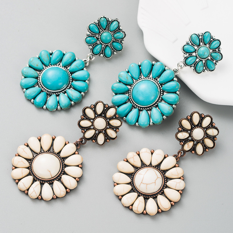 Wholesale retro turquoise earrings European and American fashion new alloy inlaid turquoise multi-layer round exaerated temperament earrings