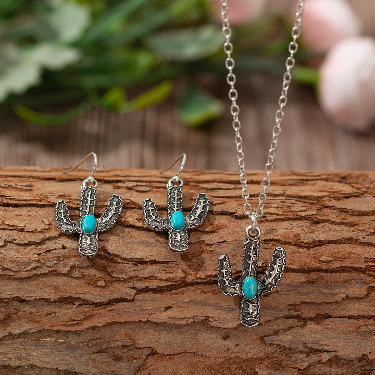Wholesale Cross-border Retro sier Cactus Earrings Necklace Two-piece Set Retro Bump Texture Turquoise Earrings Necklace