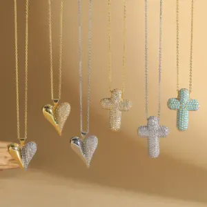 Copper Cable Chain 14K Gold Plated Cross Heart Shape Zircon Necklace