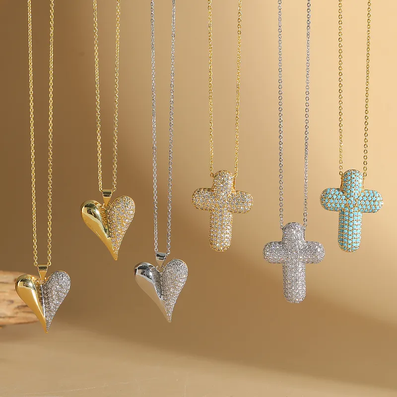 Wholesale Copper Cable Chain 14K Gold Plated Cross Heart Shape Zircon Necklace