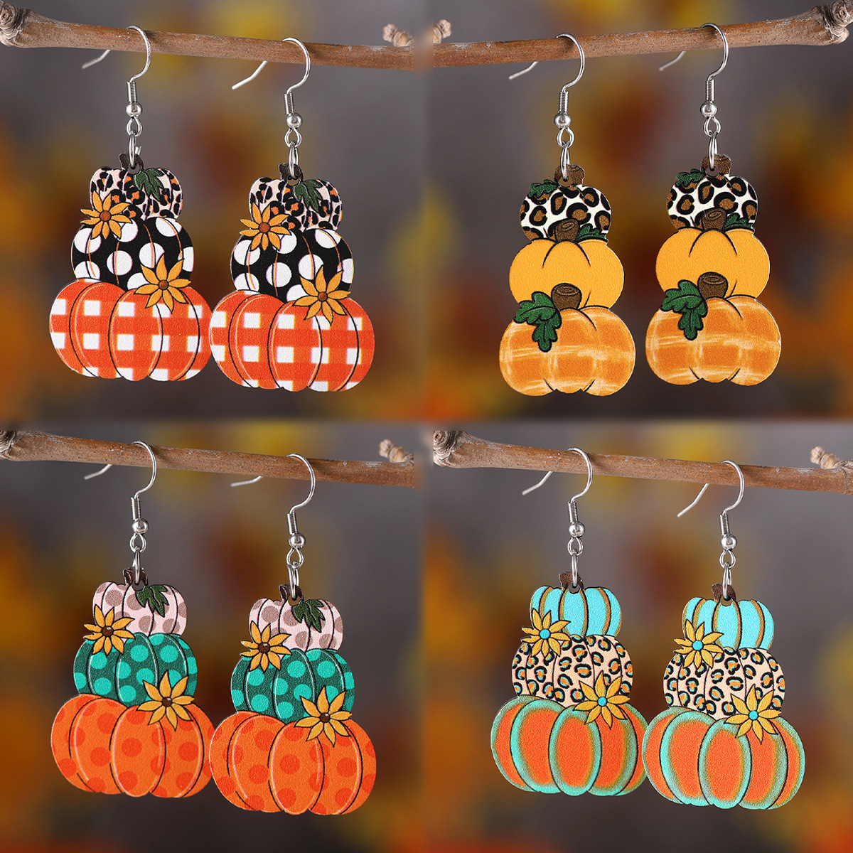 Wholesale Cross-border New Thanksgiving Autumn Harvest Wave Plaid Pumpkin Flower Pendant Earrings Wooden Double-sided Earrings