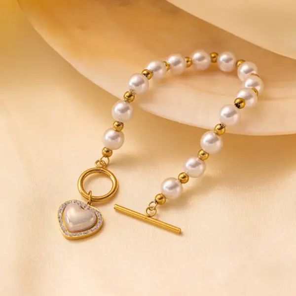 Elegant Baroque Style Modern Style Geometric Heart Shape Imitation Pearl Titanium Steel Paperclip Chain Cable Chain Bracelets In Bulk