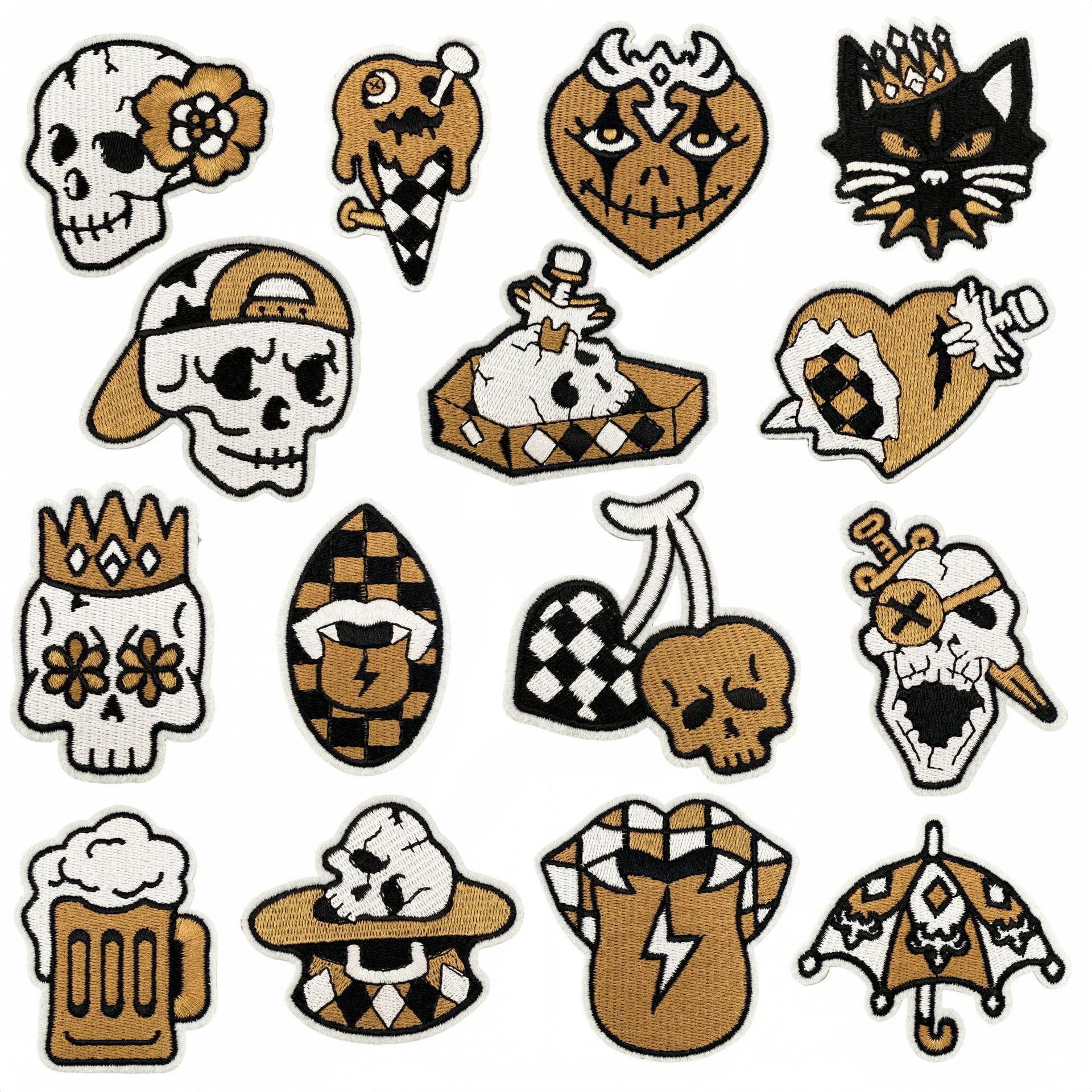 Wholesale Chilen's Funny Cloth Stickers Punk Style Badge Brown Series Skull Cartoon Ghost Computer Embroidery Hot Melt Adhesive Style