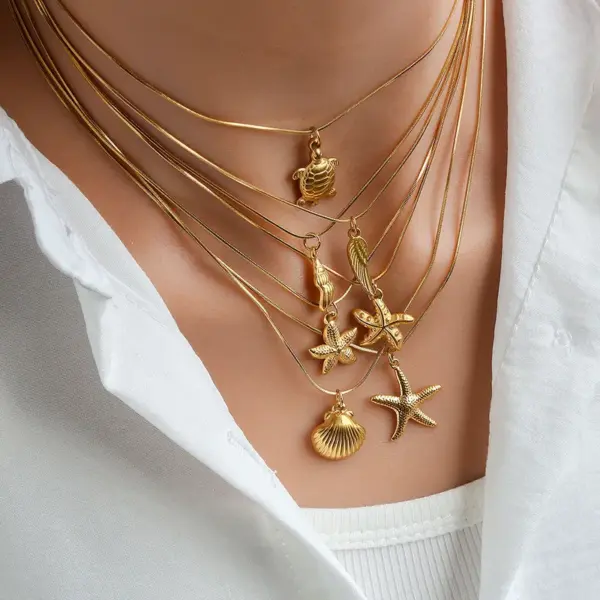 Wholesale Jewelry Exaggerated Beach Starfish Conch Shell 304 Stainless Steel Snake Chain Pendant Necklace