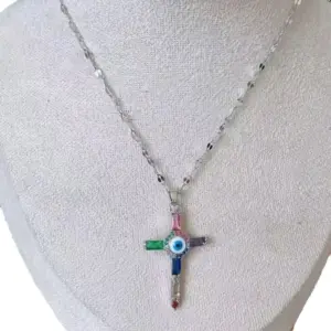 246-6-Eye Cross Necklace-Silver Color