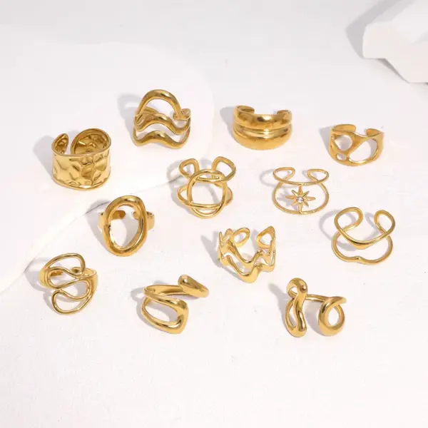 Wholesale Minimalist 304 Stainless Steel Open Ring Geometric Lines Minimalist Cold Style 18K Gold Plated Vacuum Electroplating Waterproof Non-Fading Eight-Pointed Star Oval Titanium Steel Ring For Women