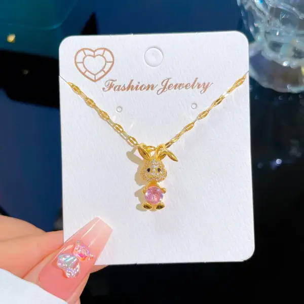 Wholesale Fashion Rabbit Titanium Steel Copper Inlay Artificial Diamond Pendant Necklace