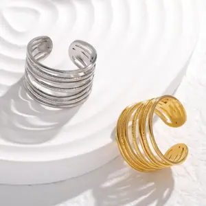 PVD Coated Real Gold Plated Stripe Solid Color Stainless Steel Retro Waterproof Non Tarnish Open Ring