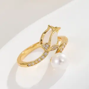 18K Real Gold Color-Preserving Tulip White Cat Eye Ring