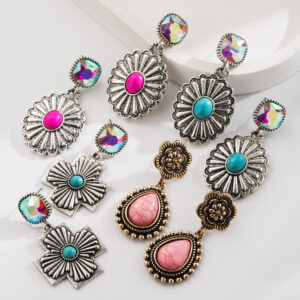 oly-073d0a2c1ae606468c9288b54efa7480 Wholesale Fashion New Western Style Diamond-encrusted Turquoise Water Drop Cross Earrings Retro Creative Distinctive Exaggerated Earrings for Women