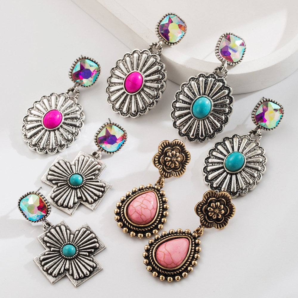 Wholesale Fashion New Western Style Diamond-encrusted Turquoise Water op Cross Earrings Retro Creative Distinctive Exaerated Earrings for Women