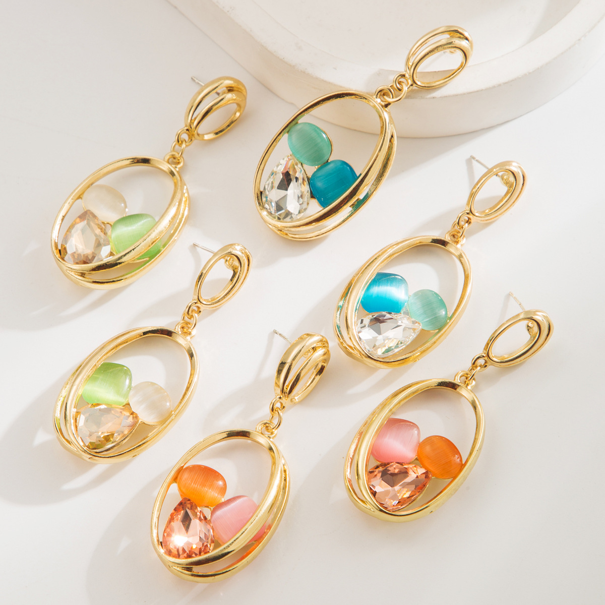 Wholesale European and American Ins Style Exaerated Long Earrings S925 Sier Needle Inlaid with Diamond Cat's Eye Stone Personalized High-End Elegant E