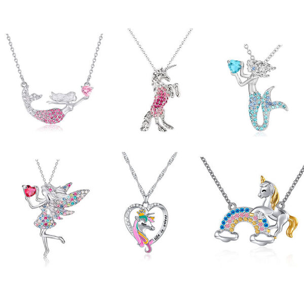 Wholesale Ballerina Girl Unicorn Rainbow Mermaid Pendant Sweater Necklace