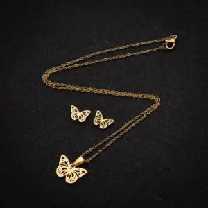 Wholesale PVD Coated 18K Gold Real Gold Plated Butterfly 201 Stainless Steel Fashion Waterproof Non Tarnish Earrings Necklace