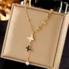 Ig Style Basic Star Moon Bow Knot Titanium Steel Enamel Plating Rhinestones Pendant Necklace