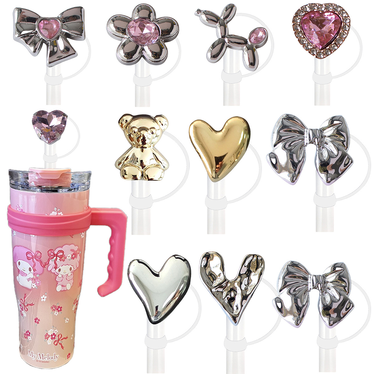 Wholesale Electroplated Metal Straw Cap Pink Diamond Series Dust Plug 10mm Diameter Creative Water C Straw Decorative Buckle Silicone Cap