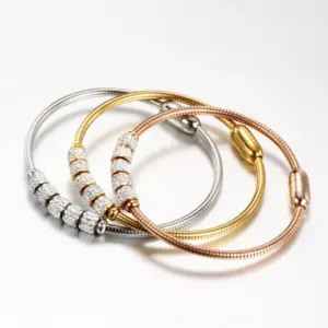 Wholesale Fashion Round Stainless Steel Inlay Artificial Diamond Bangle 1 Piece