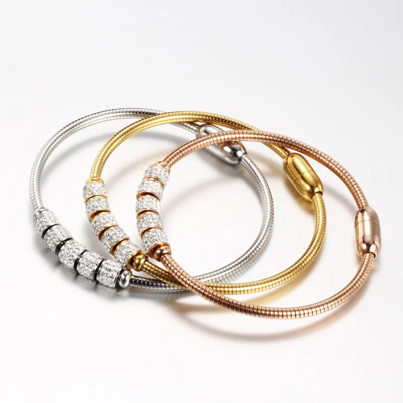 Wholesale Fashion Round Stainless Steel Inlay Artificial Diamond Bangle 1 Piece