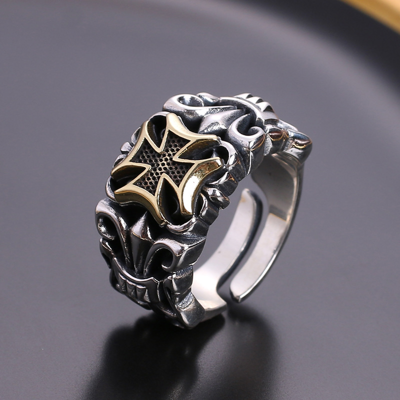 Wholesale Chiba vintage Thai Sier 925 sier cross men's ring Men's Open open mouth personality fashion trend adjustable