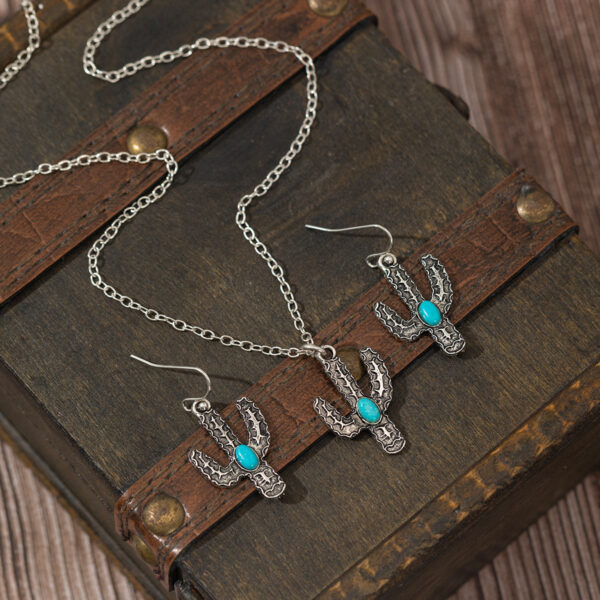 Wholesale Cross-border Retro silver Cactus Earrings Necklace Two-piece Set Retro Bump Texture Turquoise Earrings Necklace
