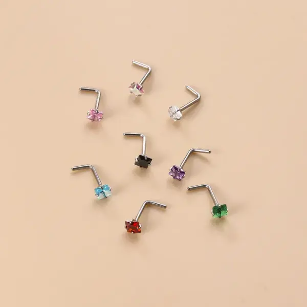 1 Piece 316L Stainless Steel Zircon Nose Rings & Studs Geometric Waterproof Non Tarnish Surgical Steel