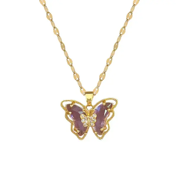 Wholesale Golden Plated 304 Stainless Steel Electroplating Zircon Butterfly Modern Style Pendant Necklace For Women'S