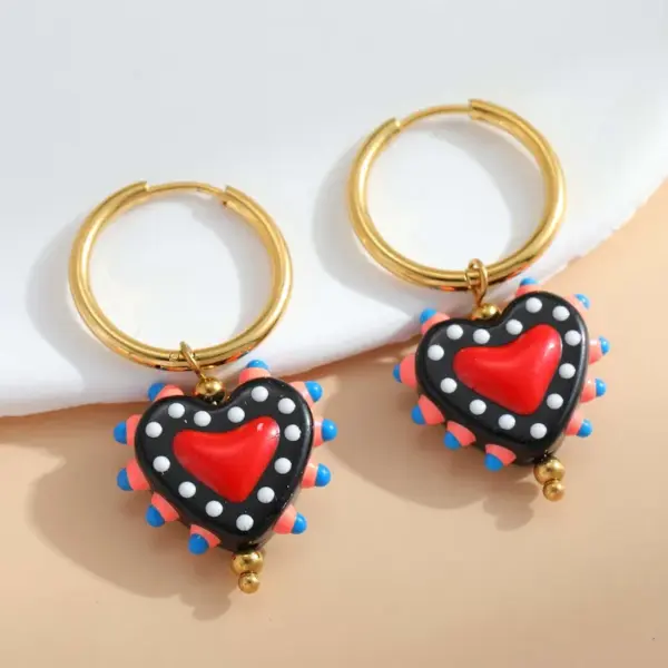 Wholesale 1 Pair Casual Cute Sweet Heart Shape Enamel Plating 304 Stainless Steel 18K Gold Plated Charm Sleeper Hoop Earrings