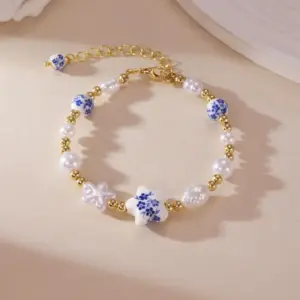 Five-Pointed Star Blue and White Porcelain Beaded Bracelet