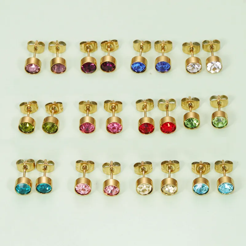 Wholesale Fashion Geometric Stainless Steel Inlay Birthstone Ear Studs 1 Pair