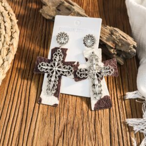 Wholesale Western-style leather leopard print cross earrings