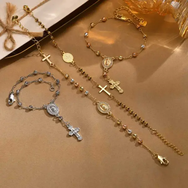 Wholesale Jewelry Vintage Style Religion Cross Virgin Mary Copper Zircon 18K Gold Plated Inlay Bracelets
